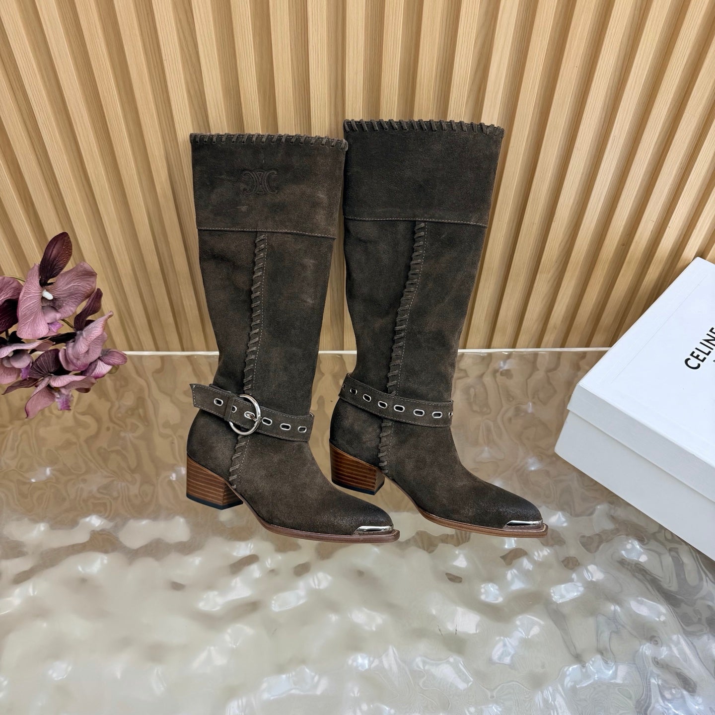 Celine 26s Western Knee-High Boots Coffee Suede 995405