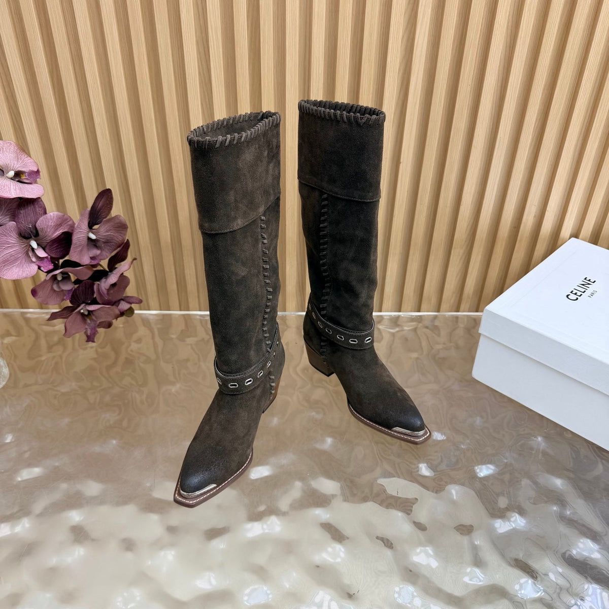 Celine 26s Western Knee-High Boots Coffee Suede 995405