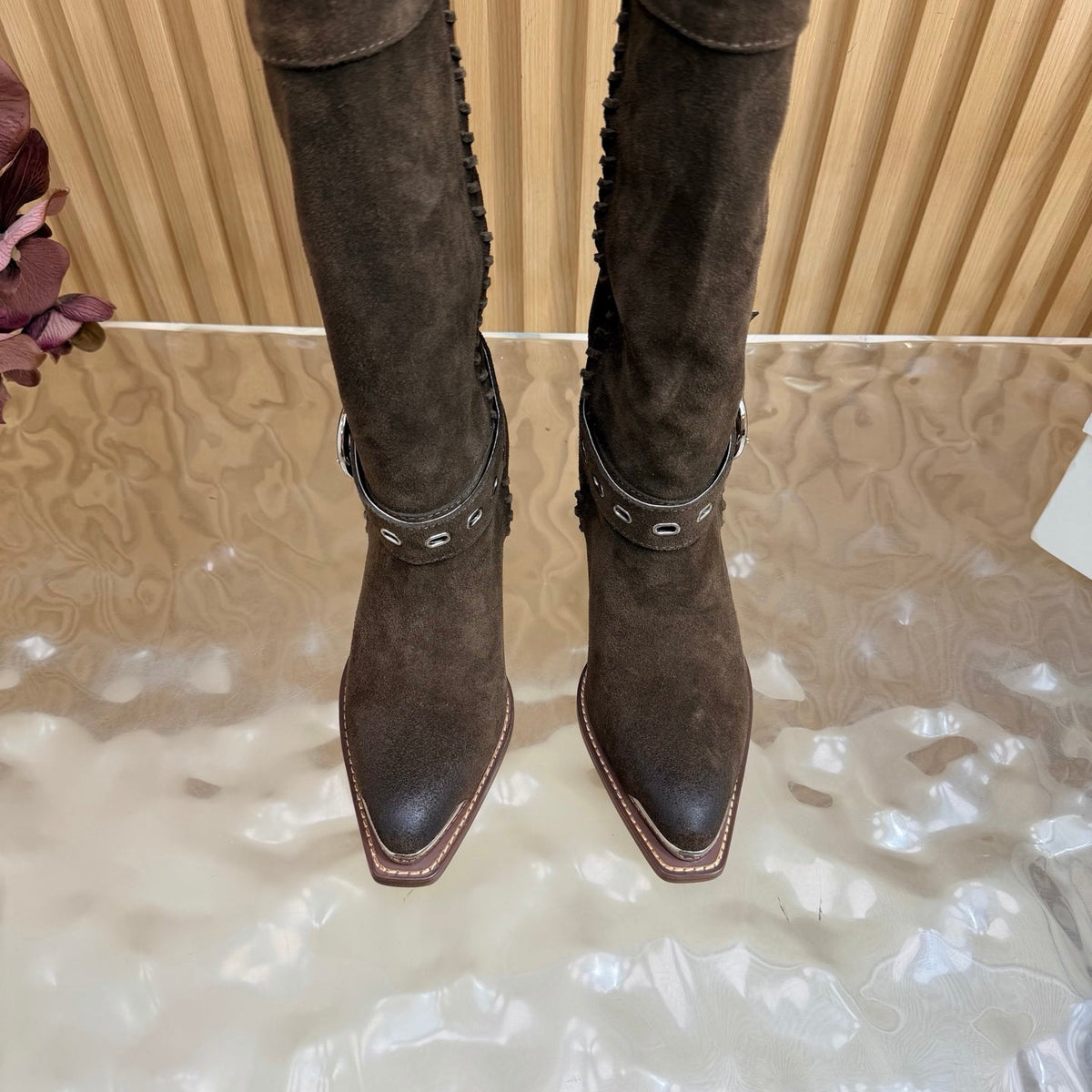 Celine 26s Western Knee-High Boots Coffee Suede 995405
