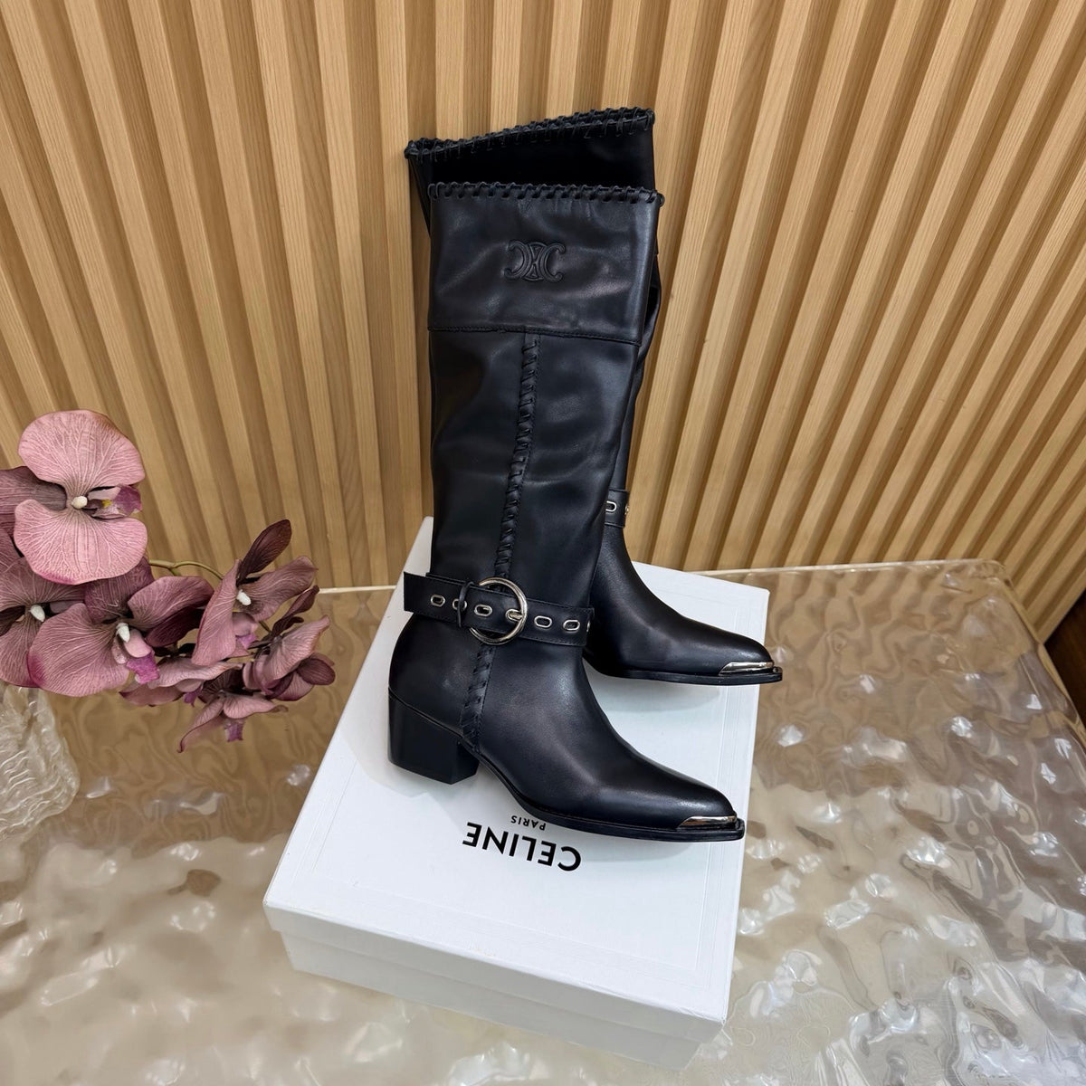 Celine 26s Western Knee-High Boots Black Leather 995406