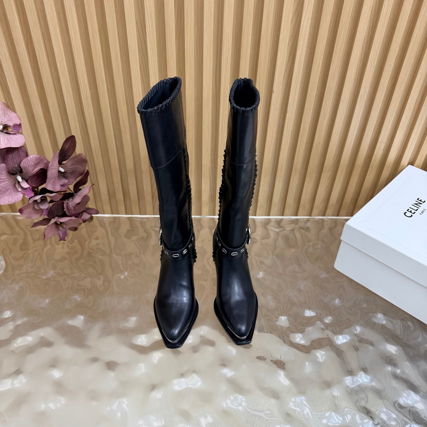 Celine 26s Western Knee-High Boots Black Leather 995406