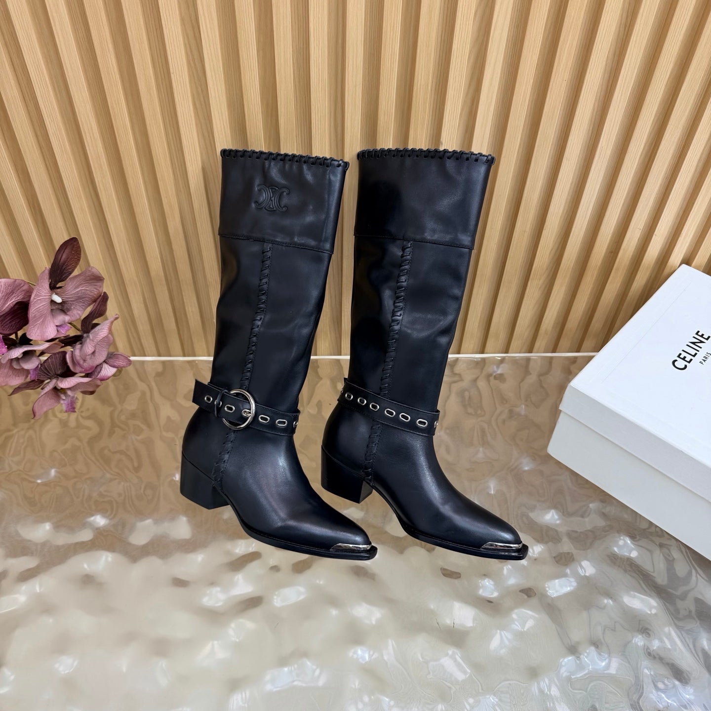 Celine 26s Western Knee-High Boots Black Leather 995406