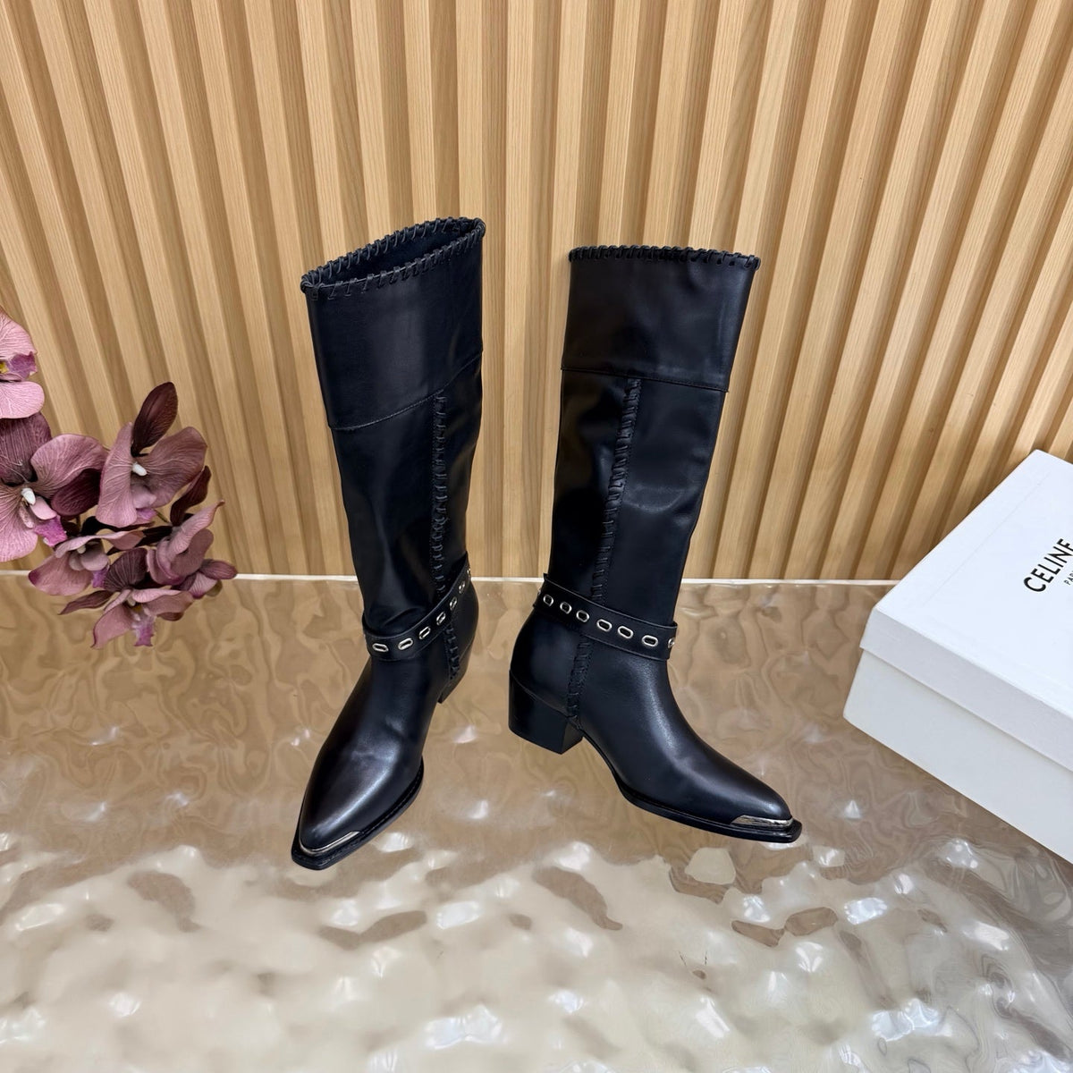 Celine 26s Western Knee-High Boots Black Leather 995406
