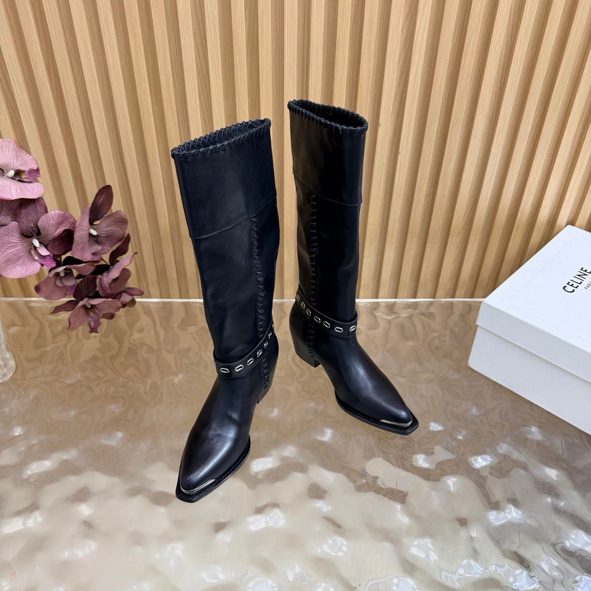Celine 26s Western Knee-High Boots Black Leather 995406