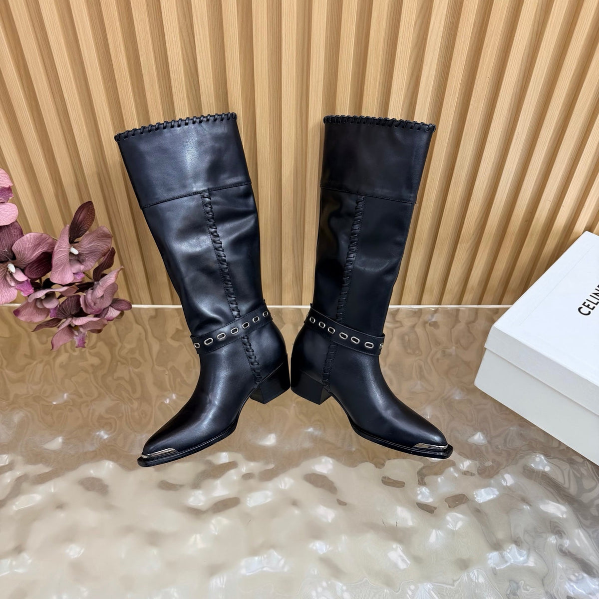 Celine 26s Western Knee-High Boots Black Leather 995406