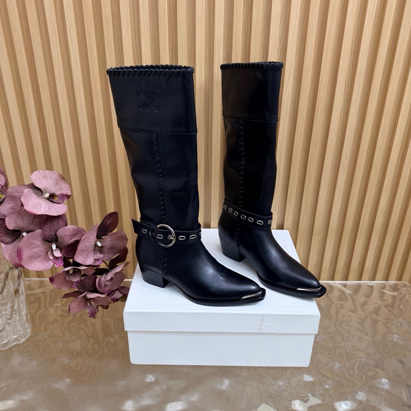 Celine 26s Western Knee-High Boots Black Leather 995406