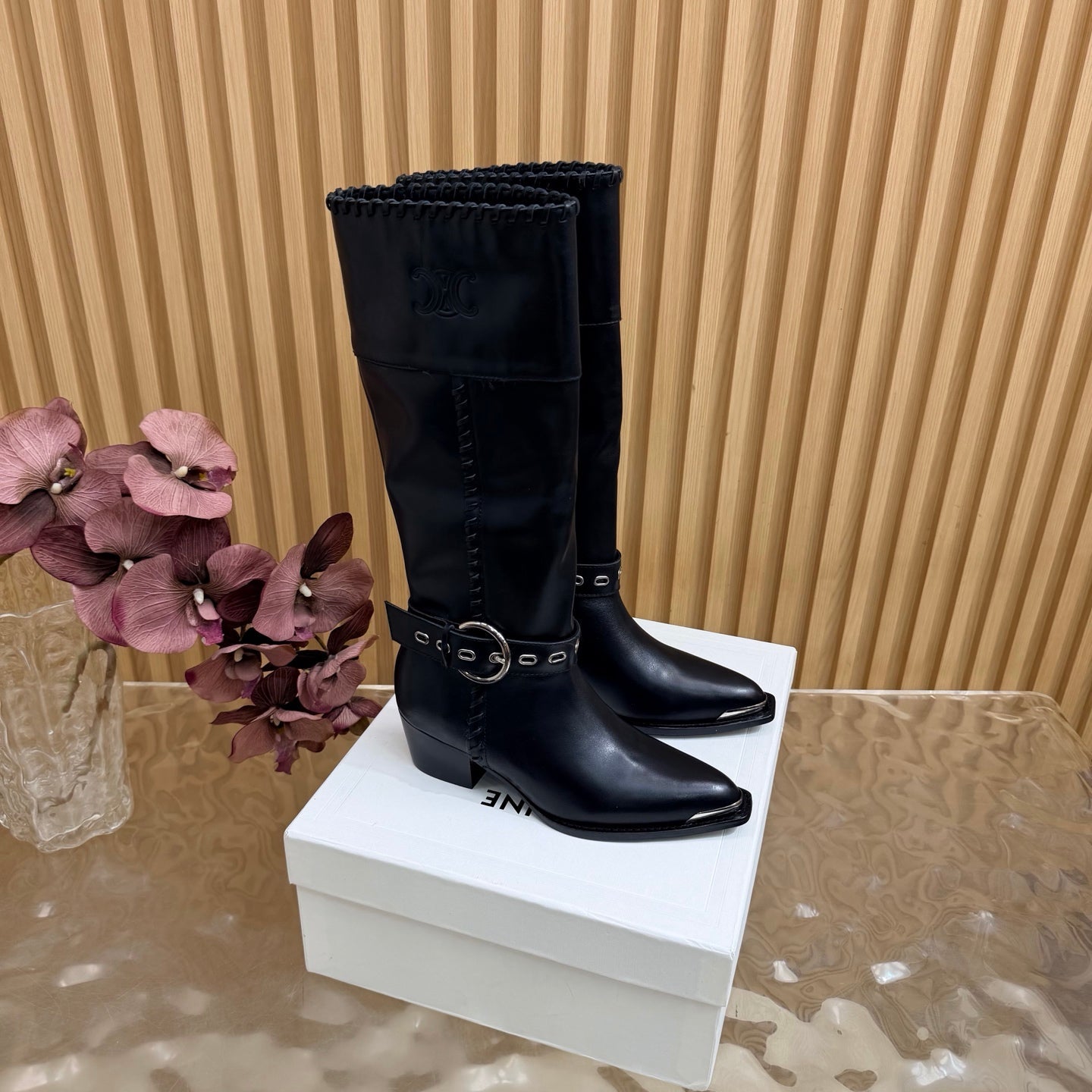 Celine 26s Western Knee-High Boots Black Leather 995406