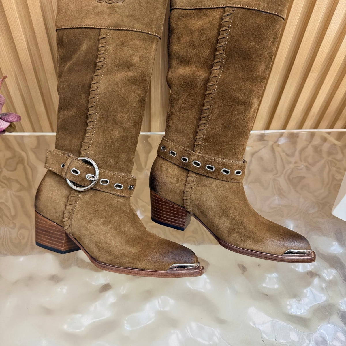 Celine 26s Western Knee-High Boots Brown Suede 995407