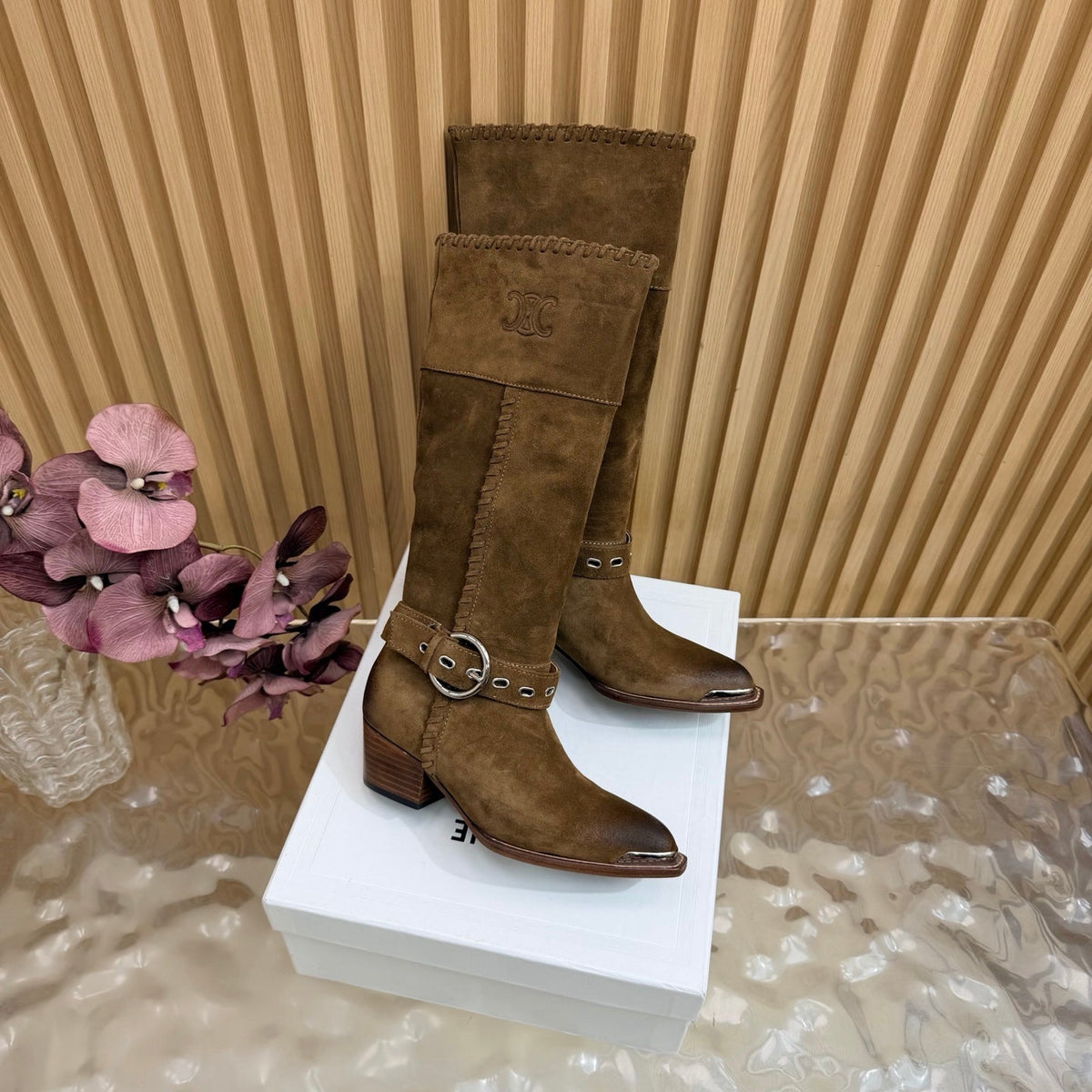 Celine 26s Western Knee-High Boots Brown Suede 995407