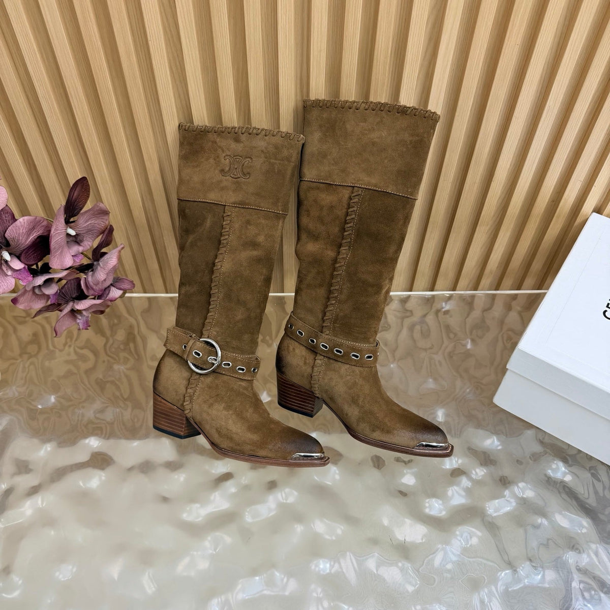 Celine 26s Western Knee-High Boots Brown Suede 995407