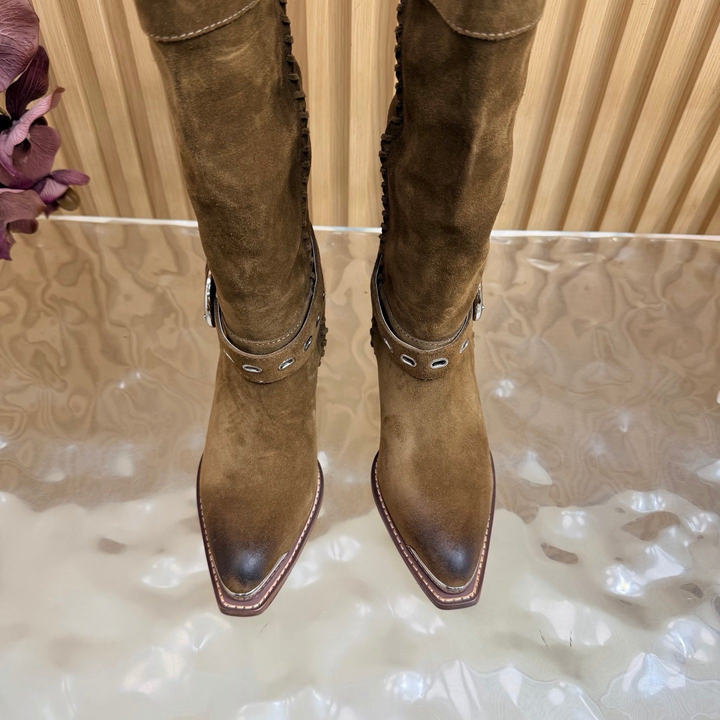 Celine 26s Western Knee-High Boots Brown Suede 995407