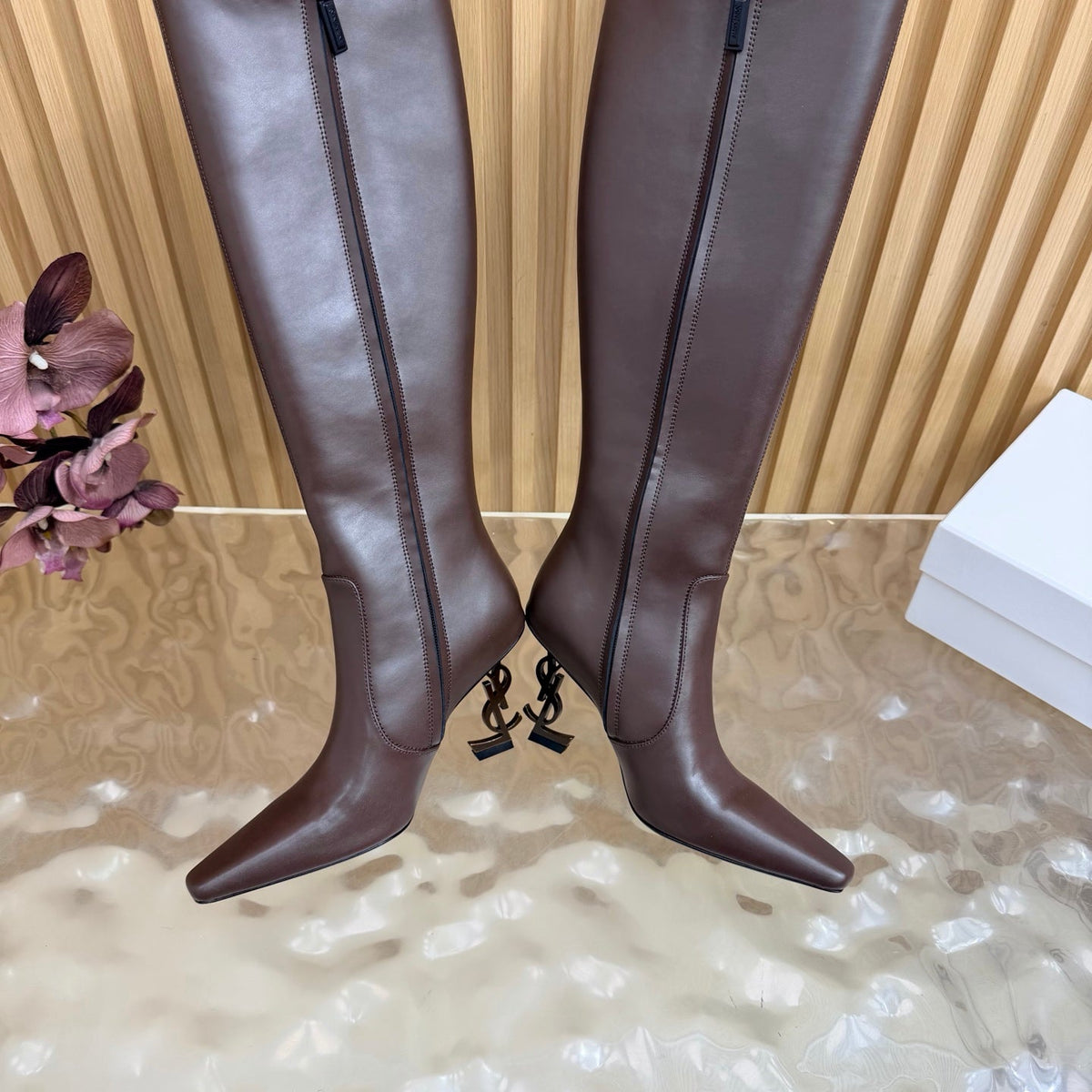 YSL 26s Pointed Toe Knee High Boots 8cm Dark Brown Leather 122783