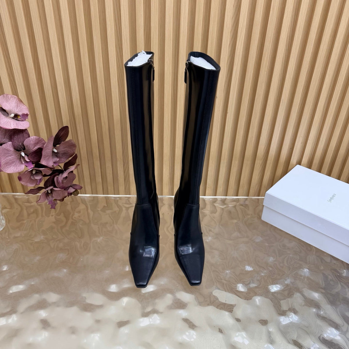 YSL 26s Pointed Toe Knee High Boots 8cm Black Leather 122784