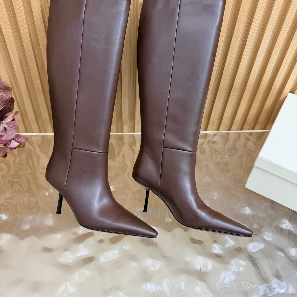 YSL 26s Pointed Toe Knee High Boots 8cm Dark Brown Leather 122772