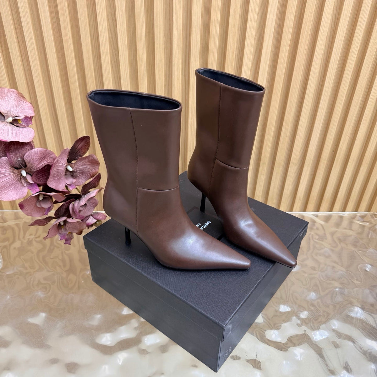 YSL 26s Pointed Toe Ankle Boots Dark Brown Leather 122788