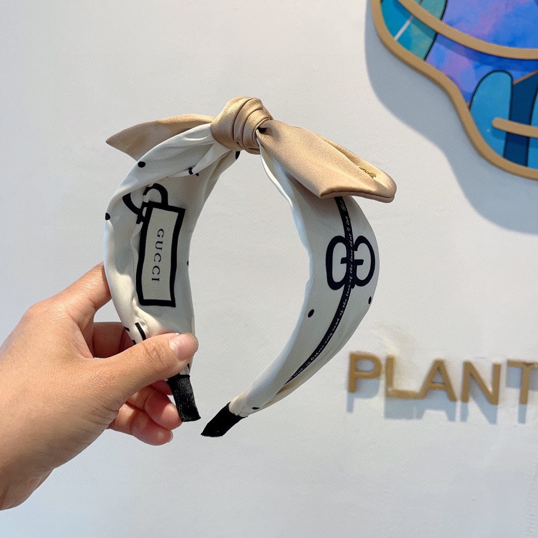 BOW HEADBAND IN WHITE COTTON AND LIGHT BROWN SILK 418893