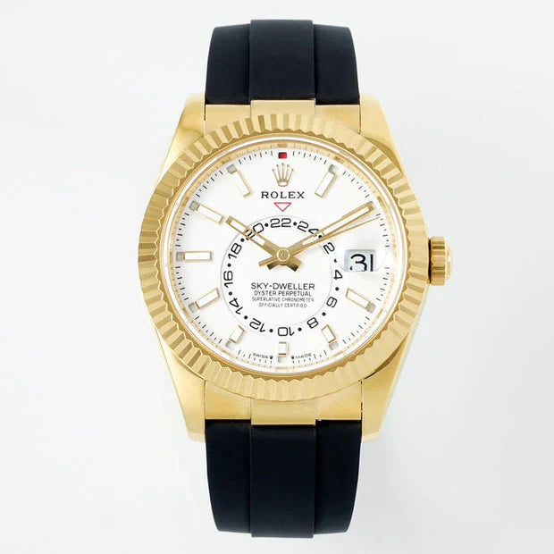 Rolex Sky-Dweller 42mm Gold Case White Dial Rubber Strap