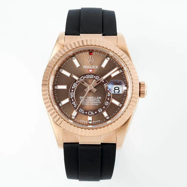 Rolex Sky-Dweller 42mm Rose Gold Case Brown Dial Rubber Strap