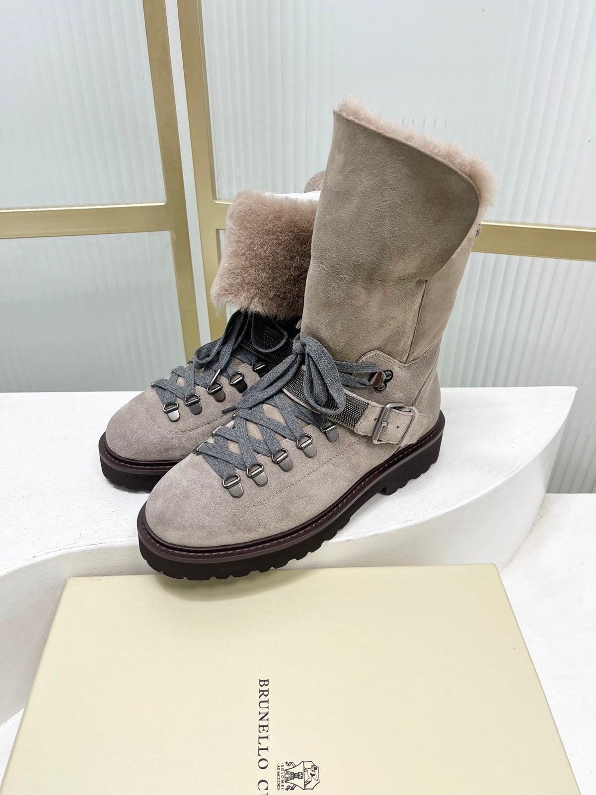 Brunello 26s Boots 4cm Grey Shearling Suede 187951