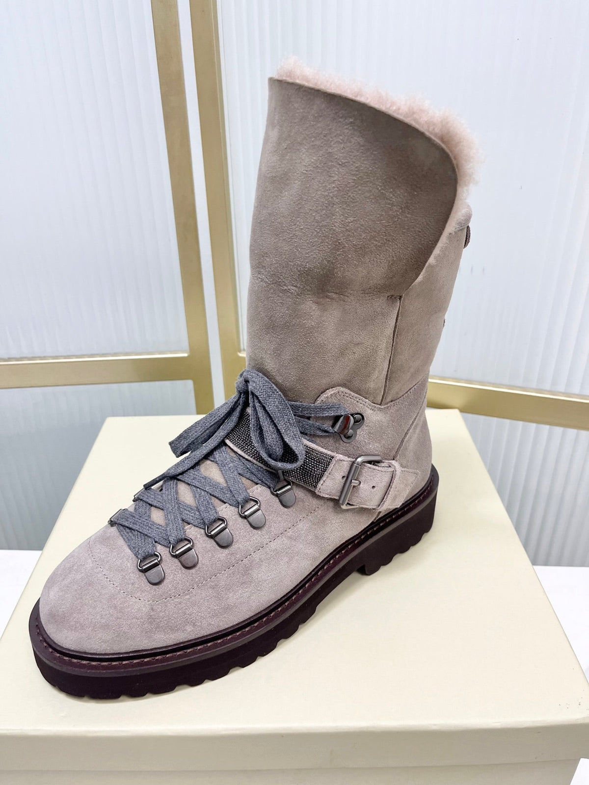 Brunello 26s Boots 4cm Grey Shearling Suede 187951