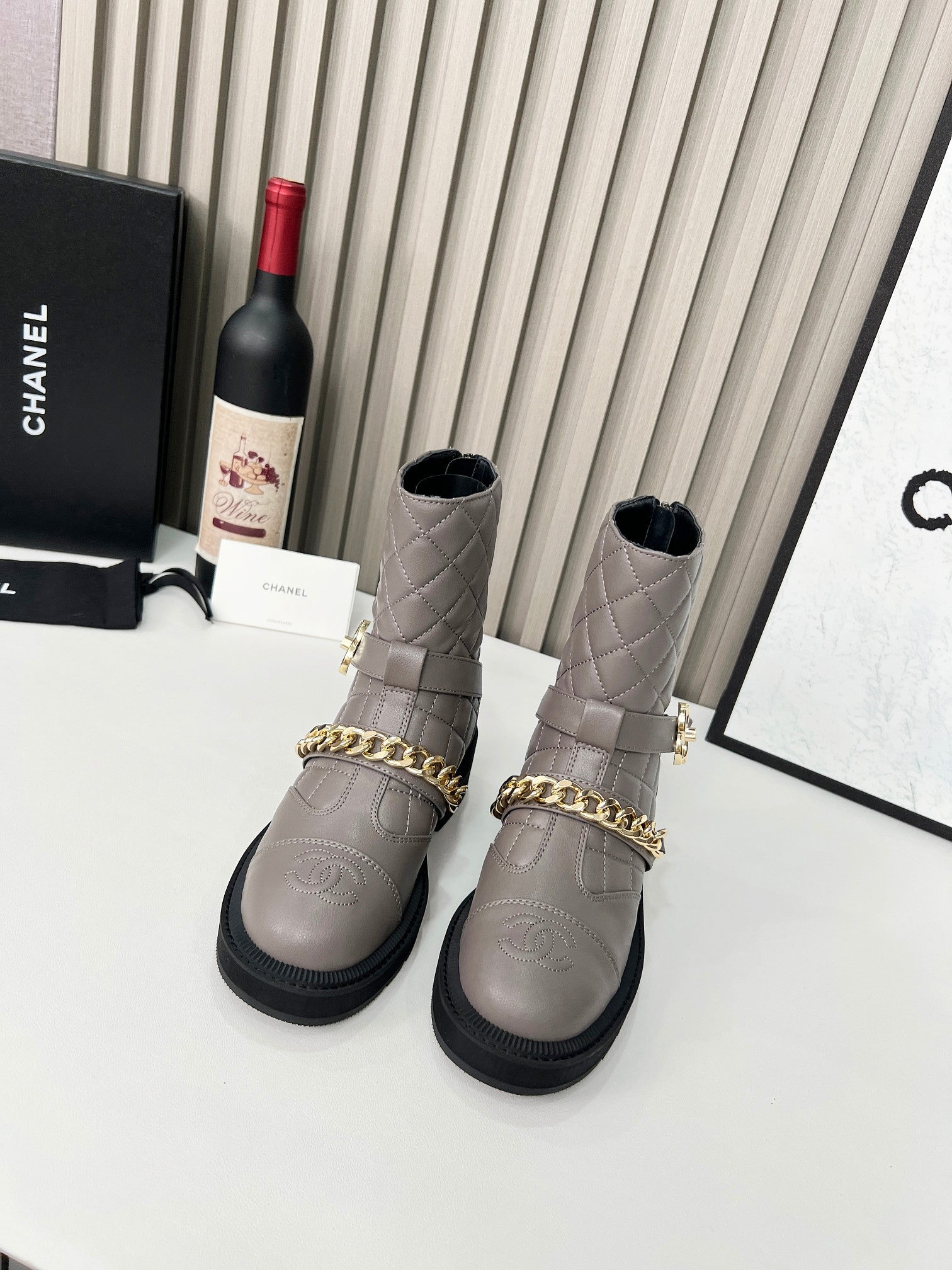 CC 26s Quilted Chain Boots Taupe Calfskin 924502