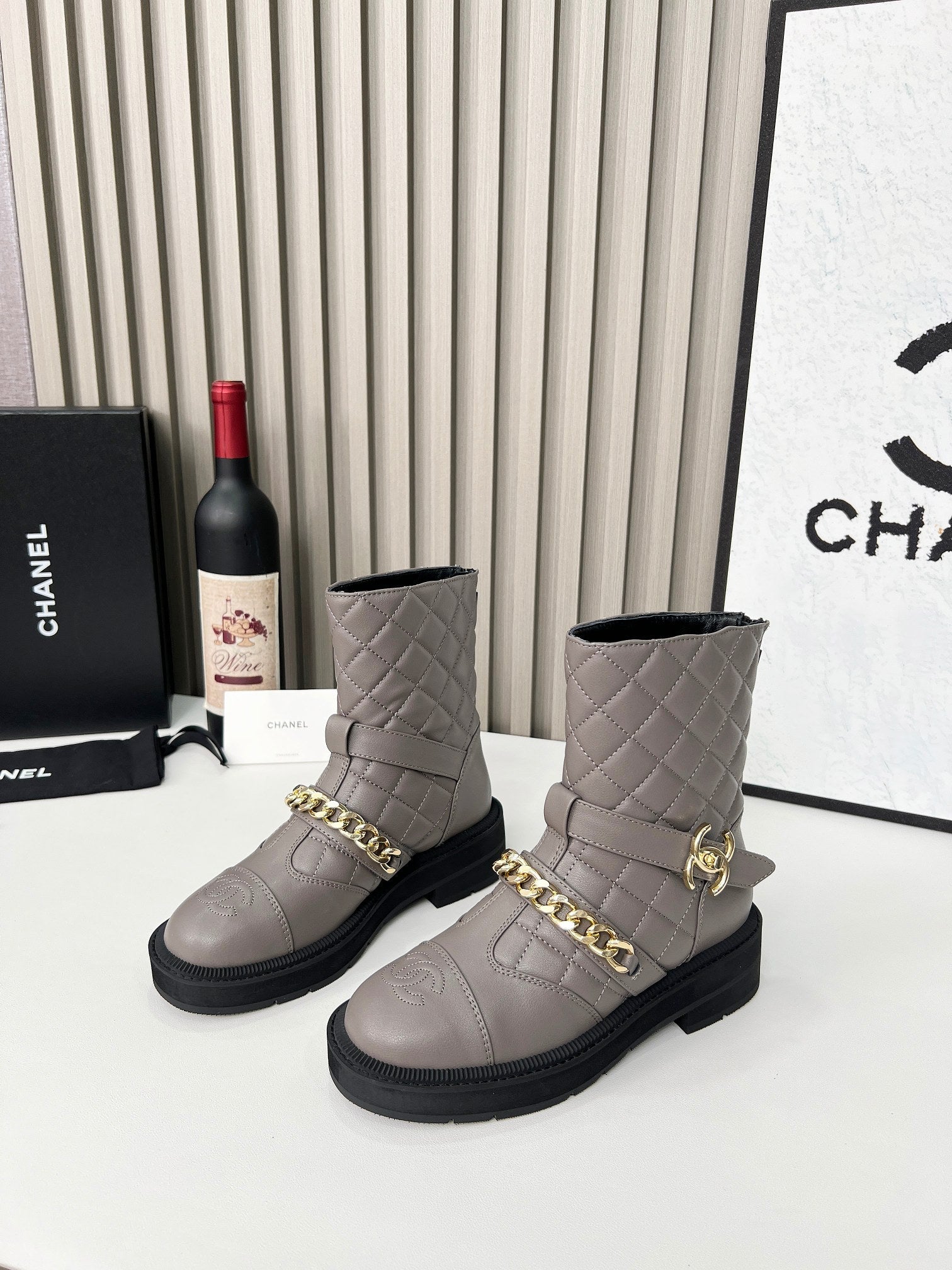 CC 26s Quilted Chain Boots Taupe Calfskin 924502