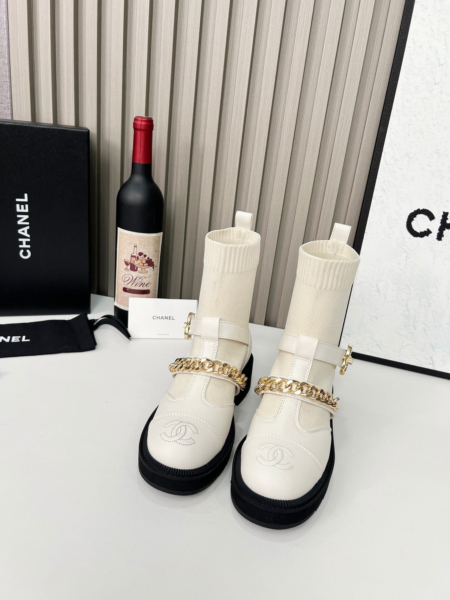 CC 26s Combat Sock Boots White Calfskin Ribbed Knit 924506