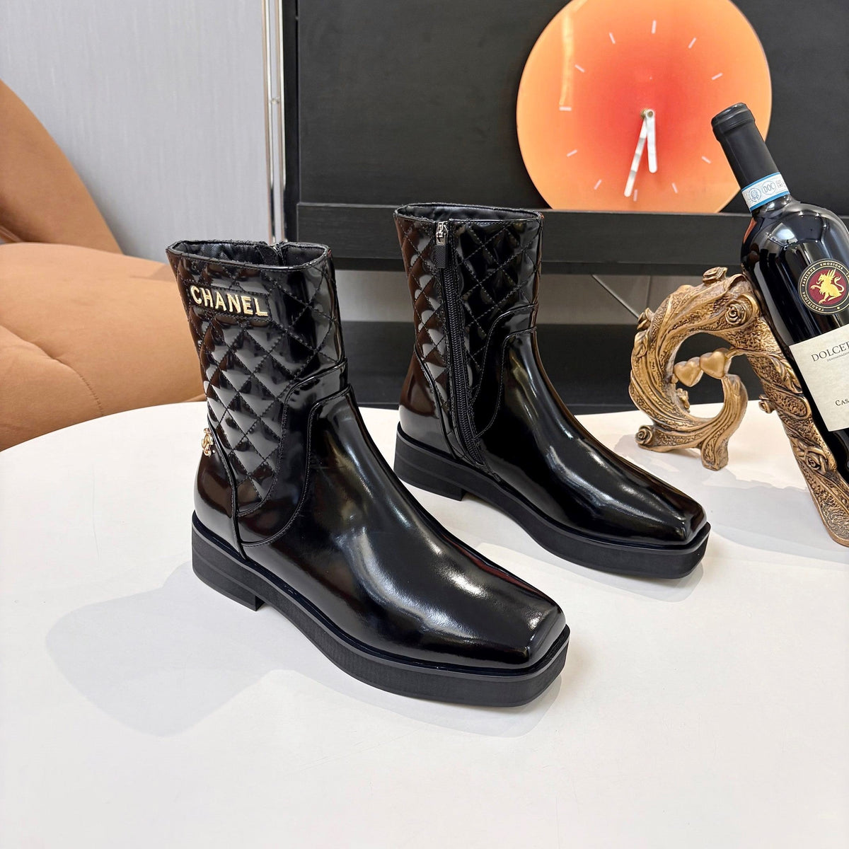 Chanel 26s Quilted Ankle Boots 4cm Black Patent Leather 168207