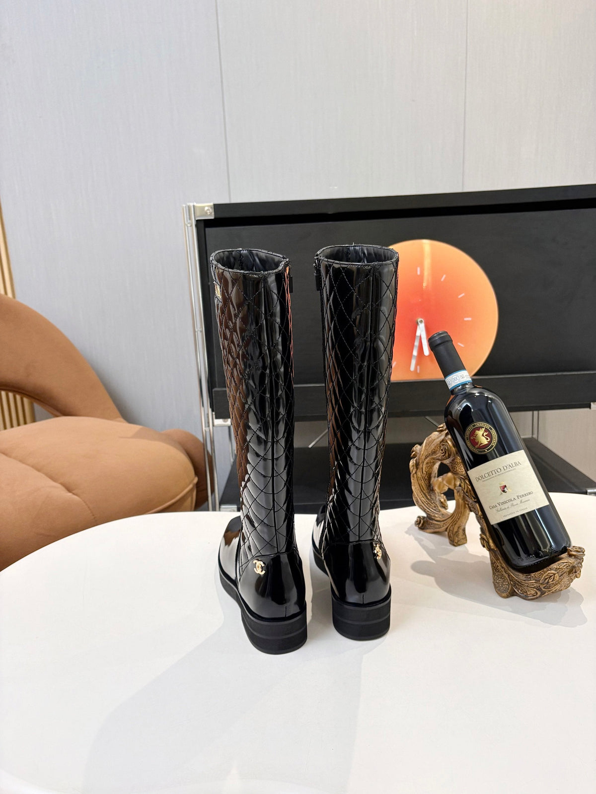Chanel 26s Quilted High Boots 4cm Black Patent Leather 168209