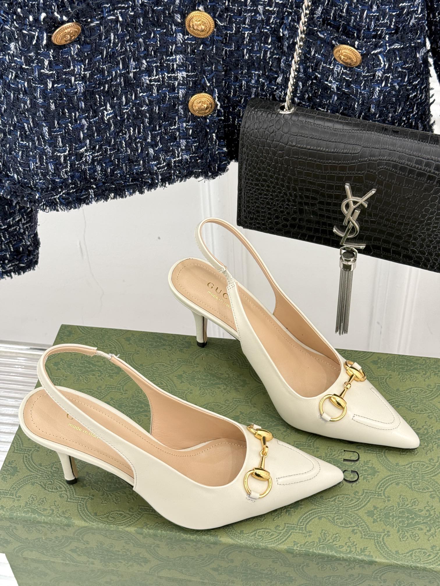 GG Horsebit Slingback 85MM Cream Leather Point Toe