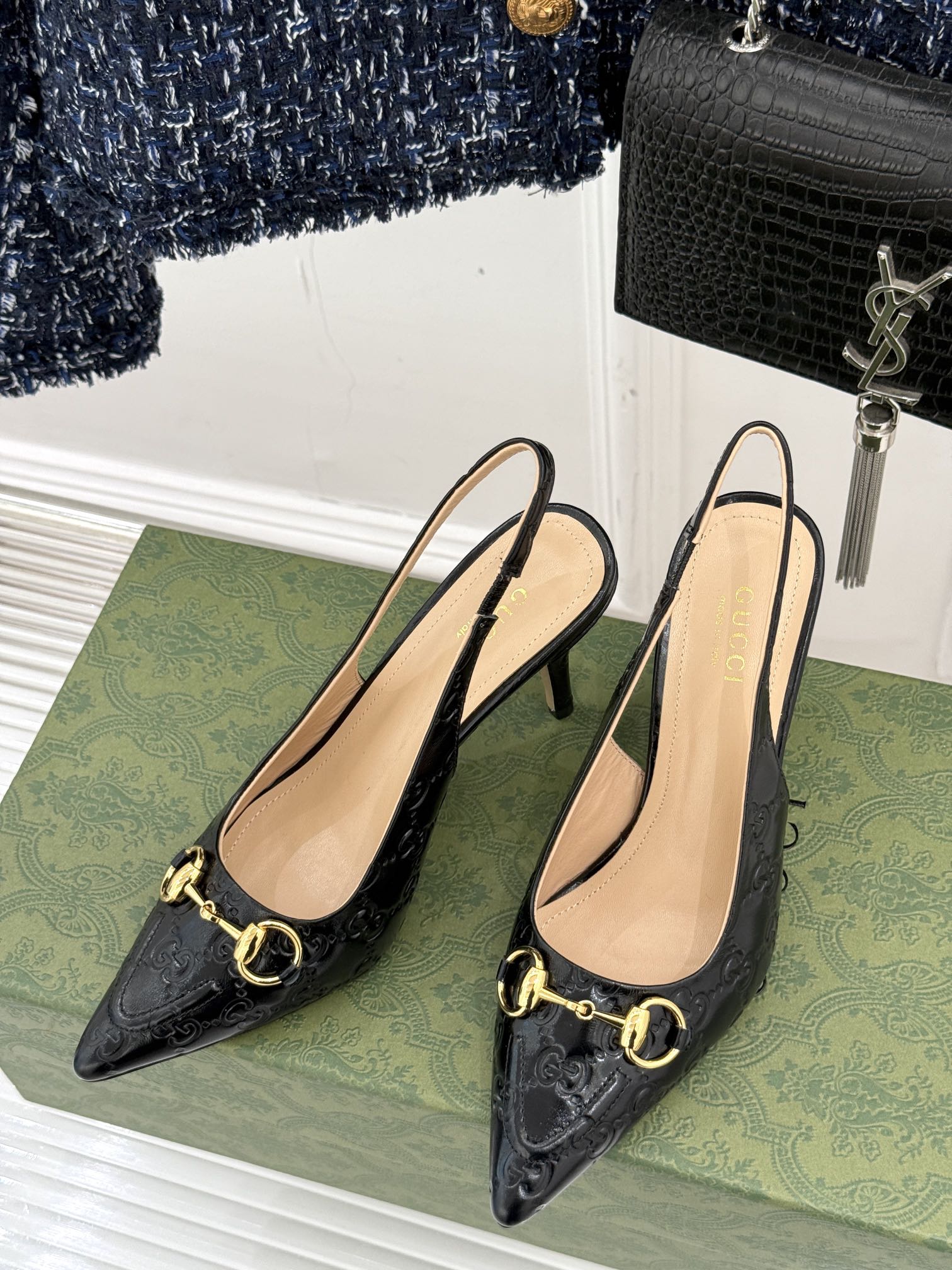 GG Horsebit Slingback 100MM Black GG Leather Point Toe