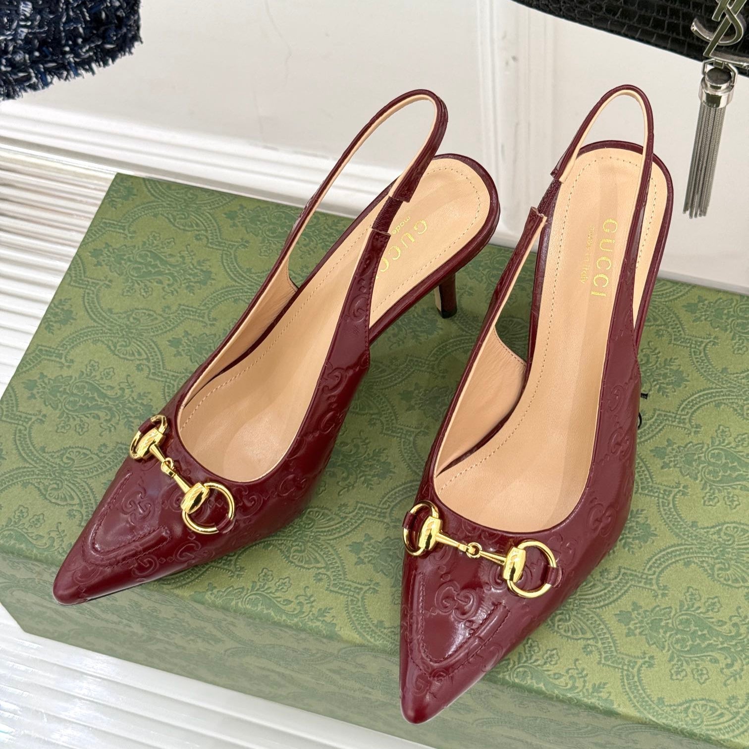 GG Horsebit Slingback 100MM Burgundy GG Leather Point Toe