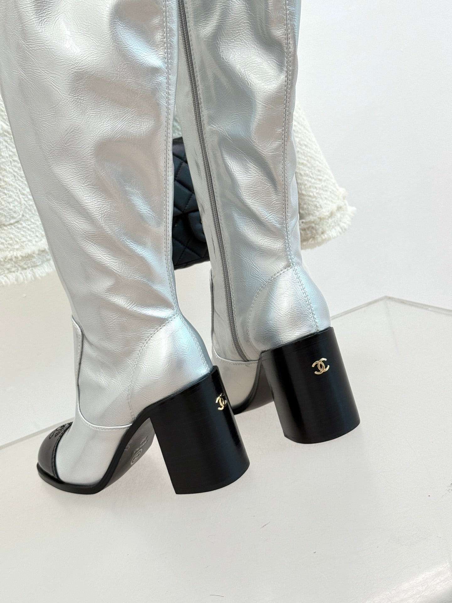 CC Classic Long Boots Block Heel 90mm Sliver Metalic Calfskin 465392