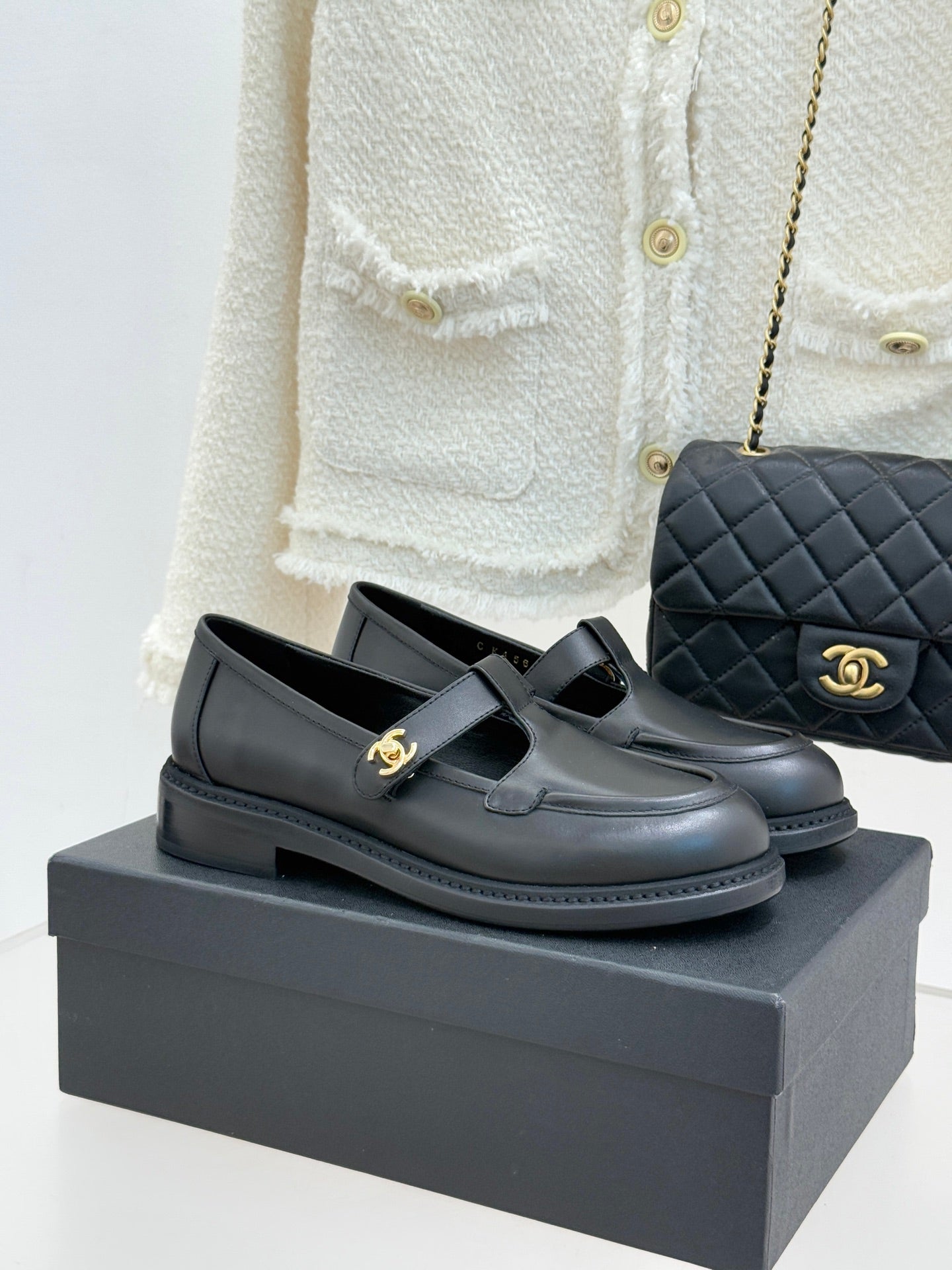 CCMary Jane Loafers CC Logo Buckle Black Cowhide 512060