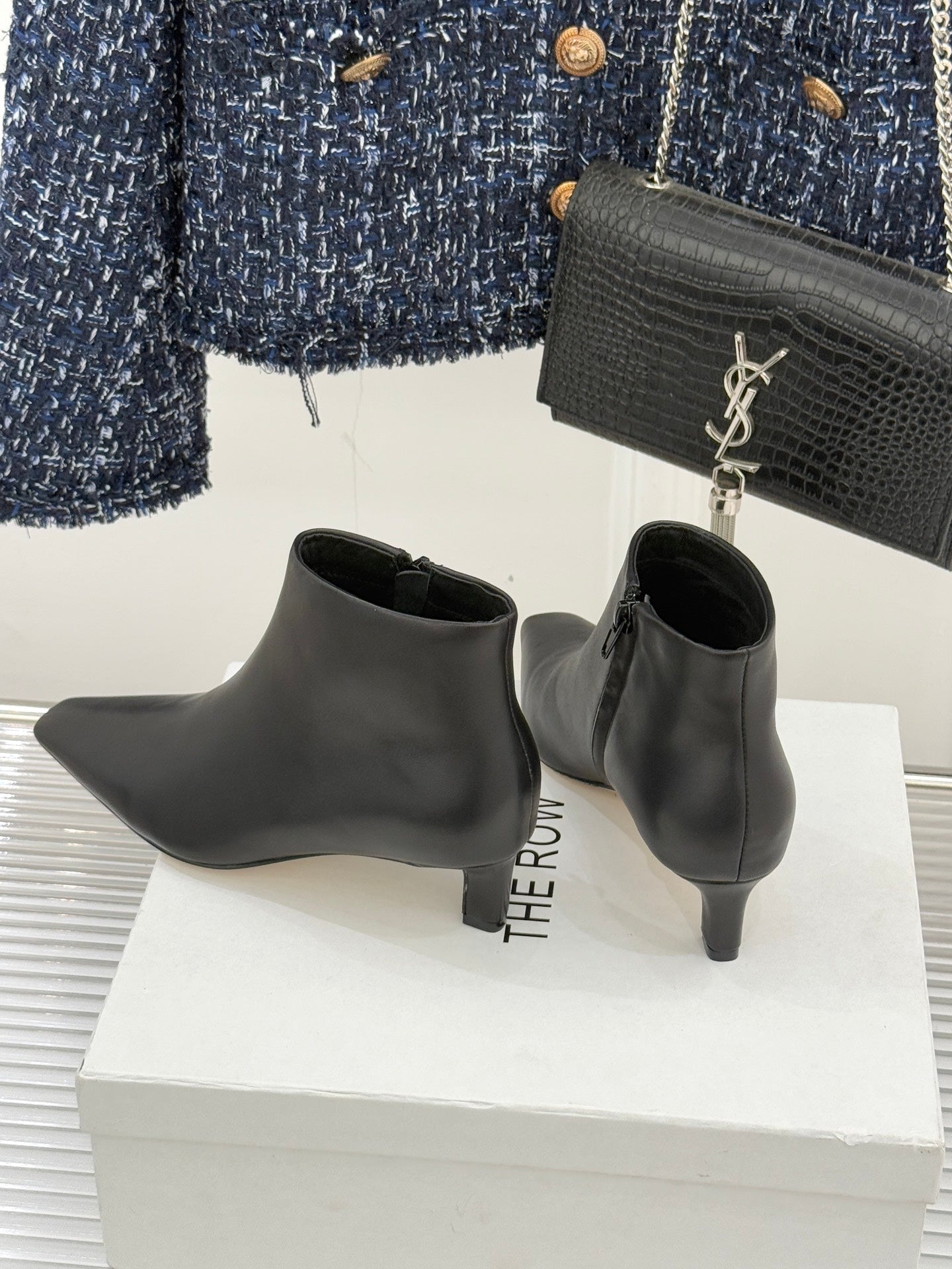 The Row 2025 Square Toe Kitten Heel Ankle Boot Black Sheepskin 572054