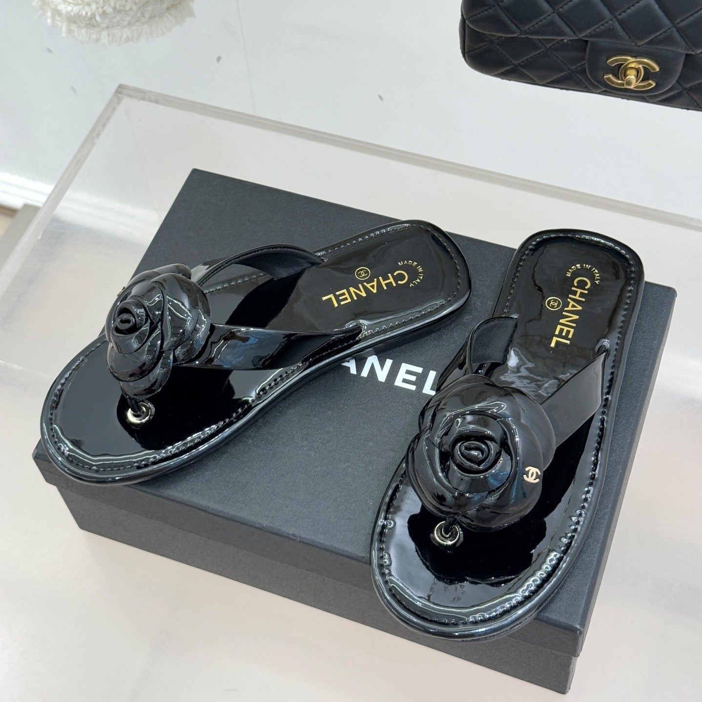 CC 26C Early Spring Camellia Slide Black Patent Leather