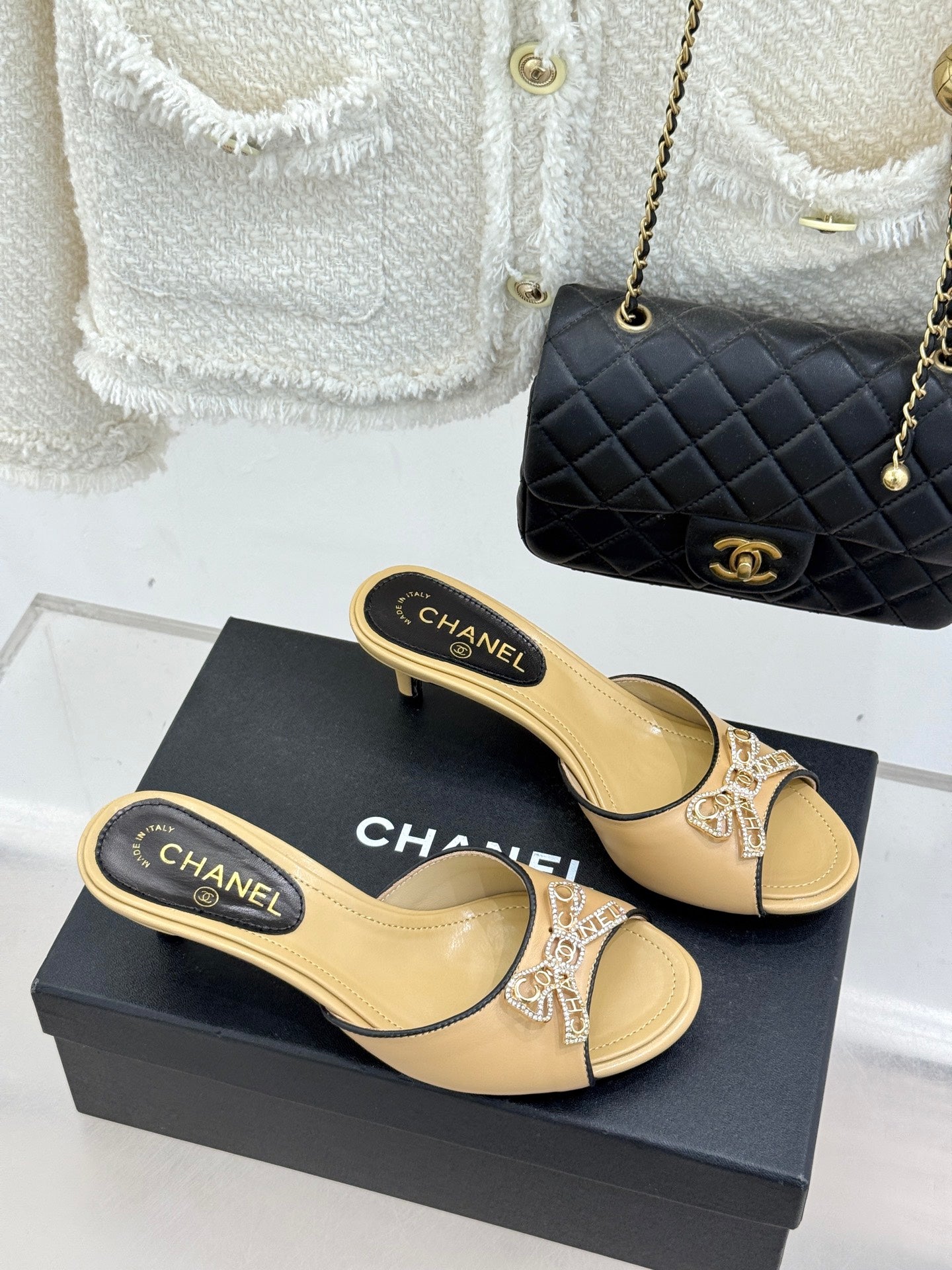 CC Classic Rhinestone Bow Kitty Slippers Beige Sheepskin 643087