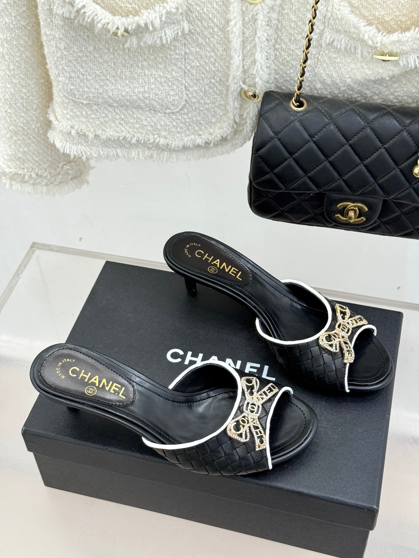 CC Classic Rhinestone Bow Kitty Slippers Black Sheepskin 643090
