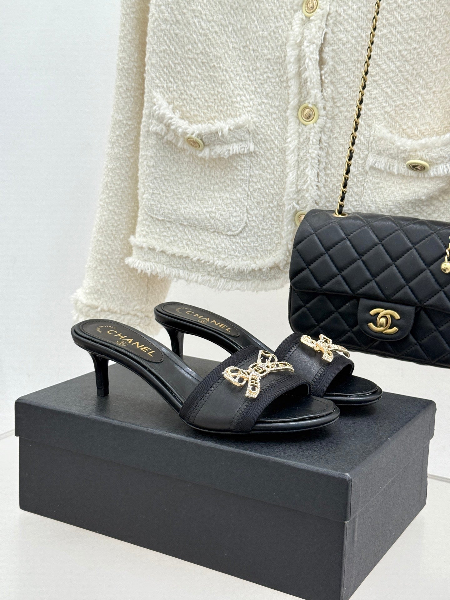 CC Classic Rhinestone Bow Kitty Slippers Black Sheepskin