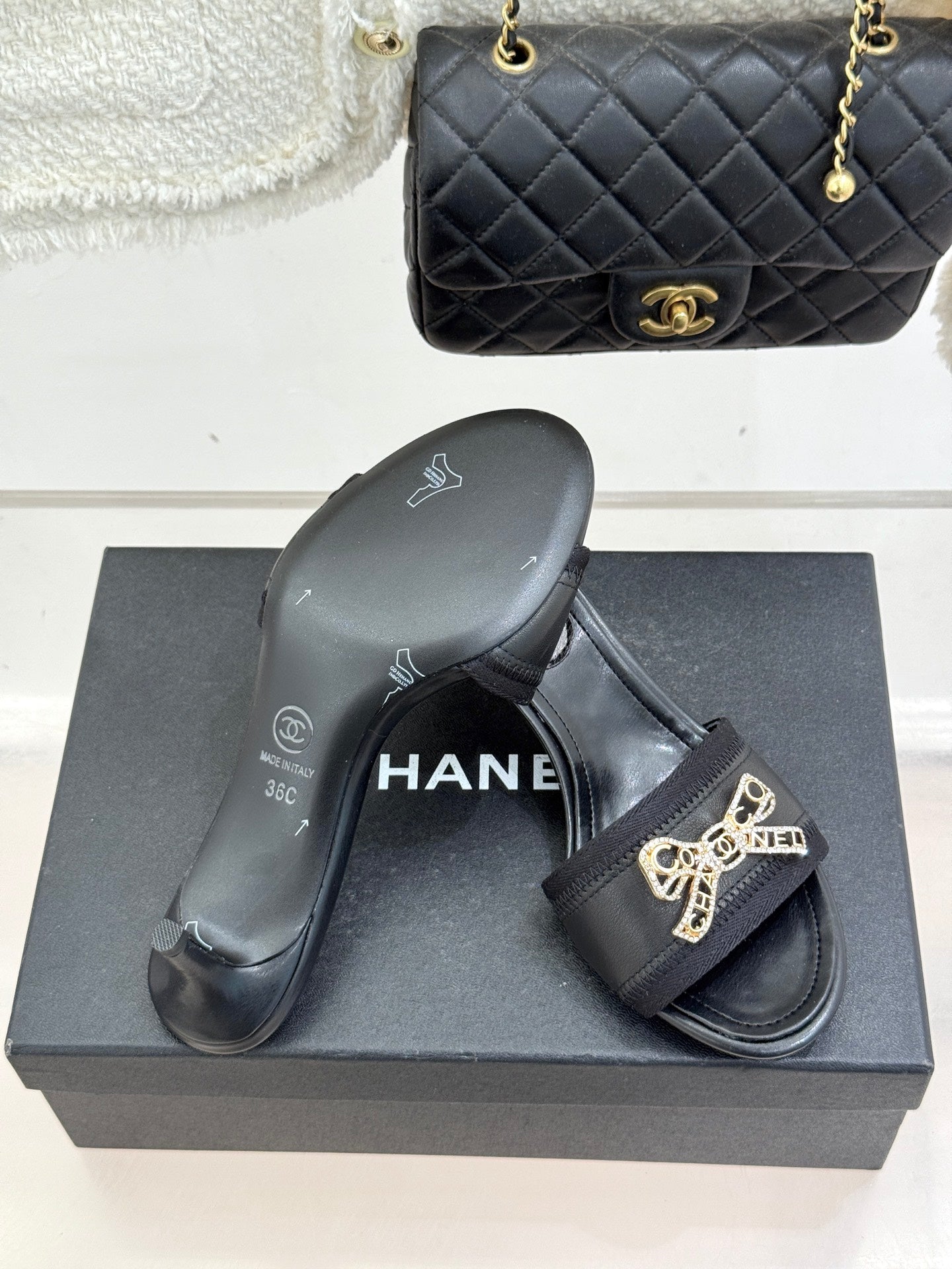 CC Classic Rhinestone Bow Kitty Slippers Black Sheepskin