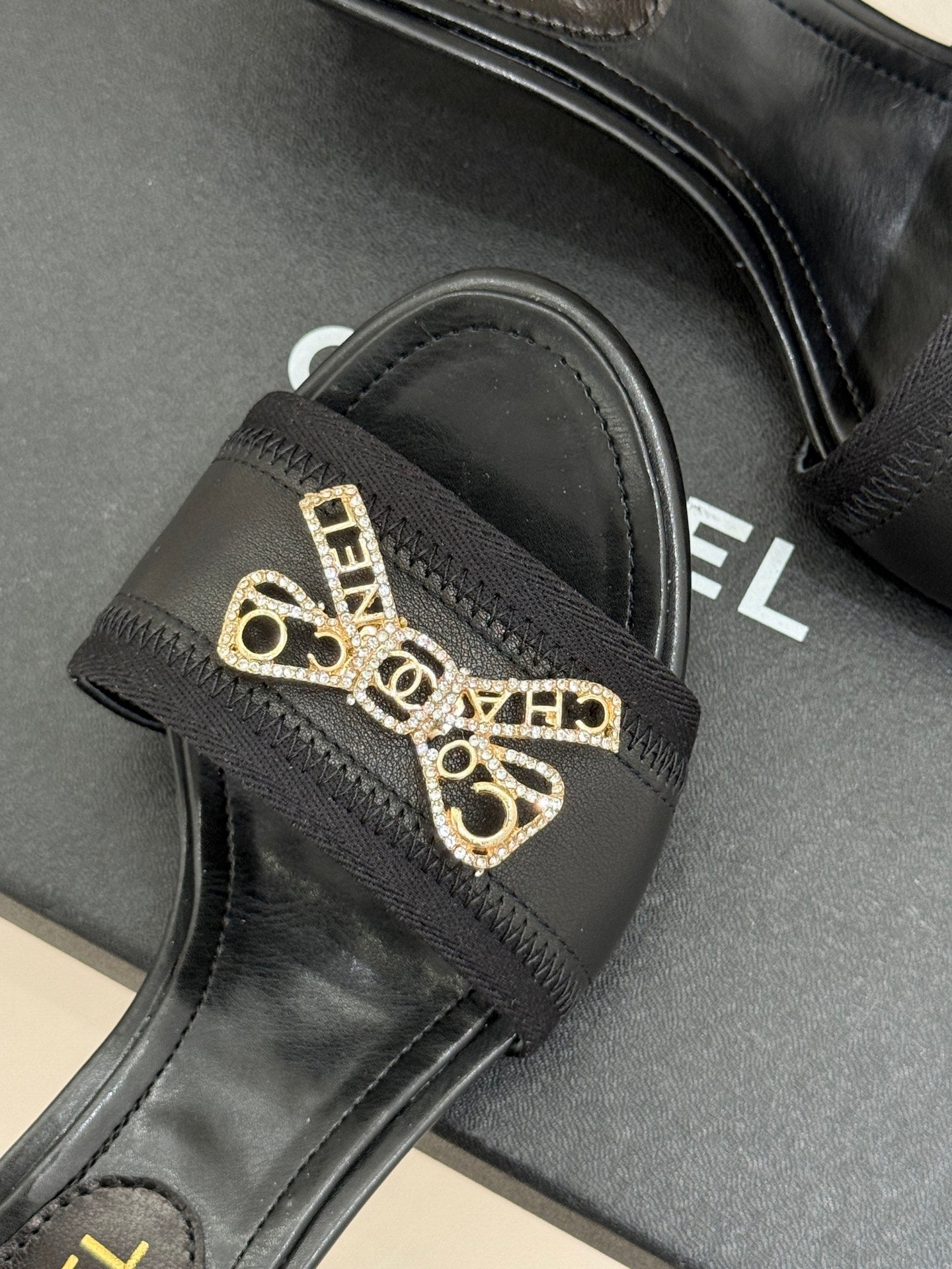 CC Classic Rhinestone Bow Kitty Slippers Black Sheepskin