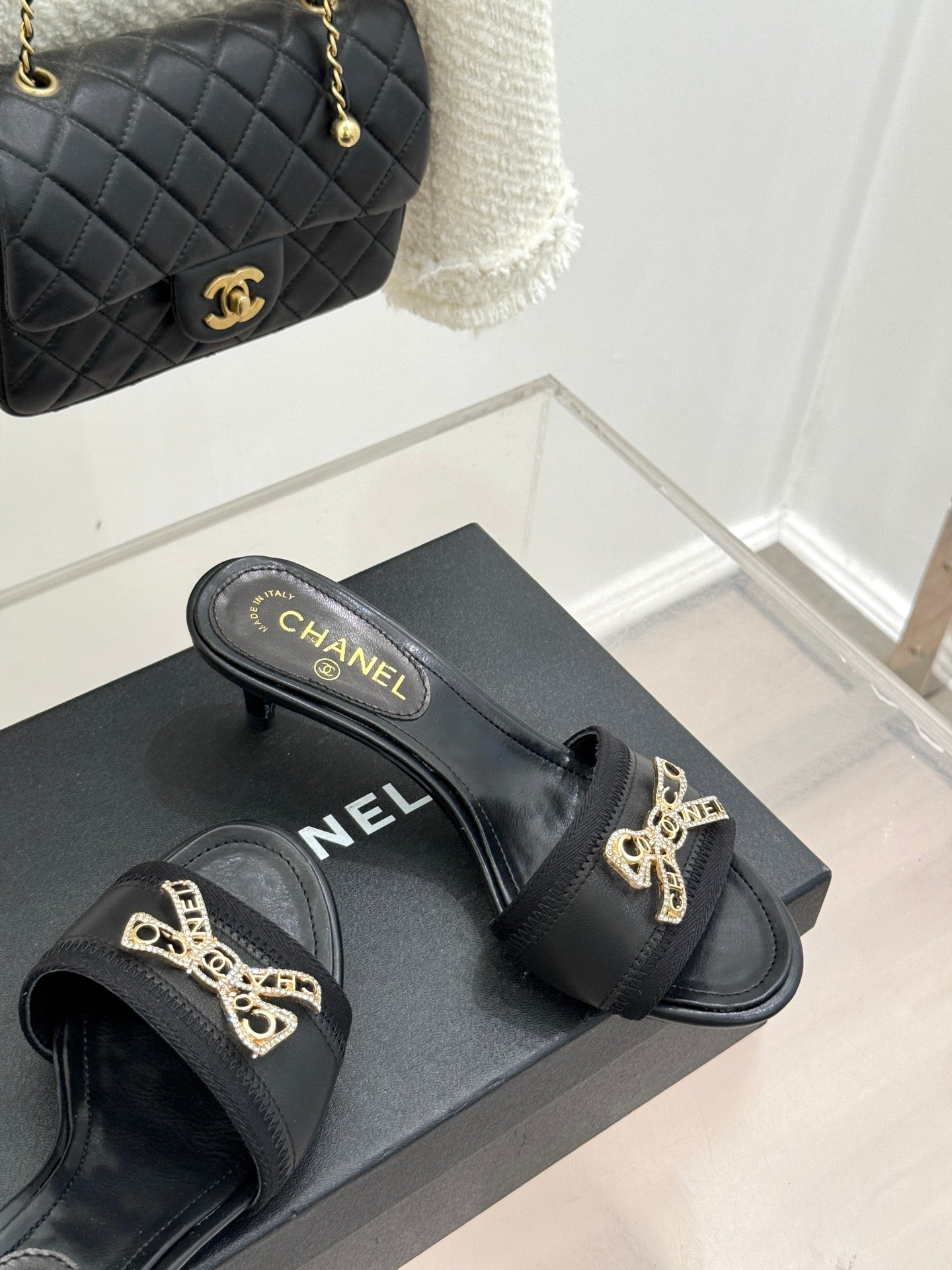 CC Classic Rhinestone Bow Kitty Slippers Black Sheepskin