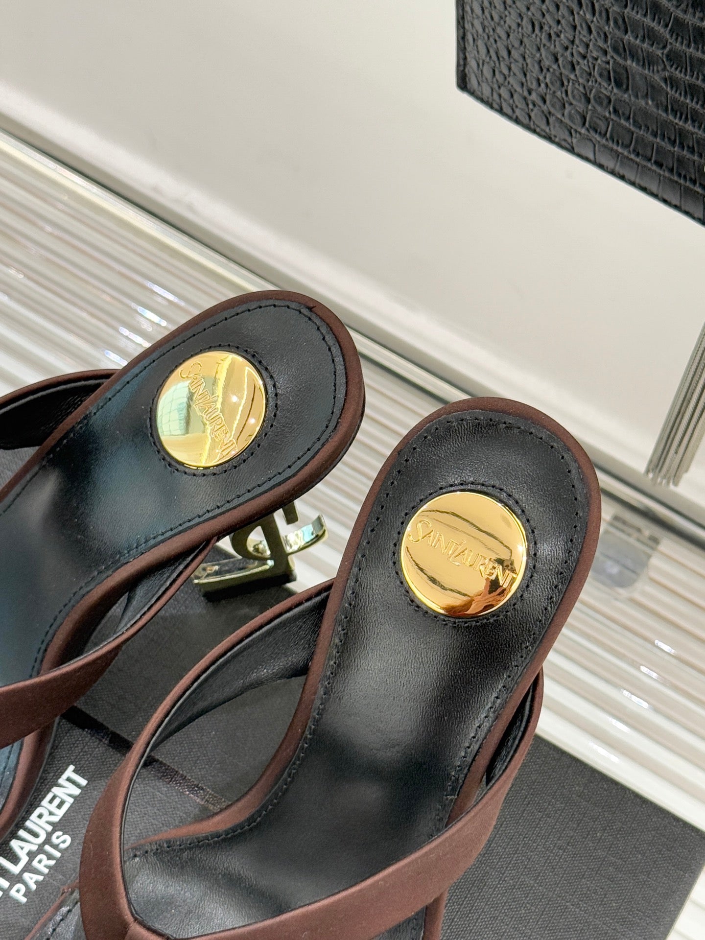 YSL Opyum Mule Sandals 8.5cm Dark Brown Satin Leather 642924
