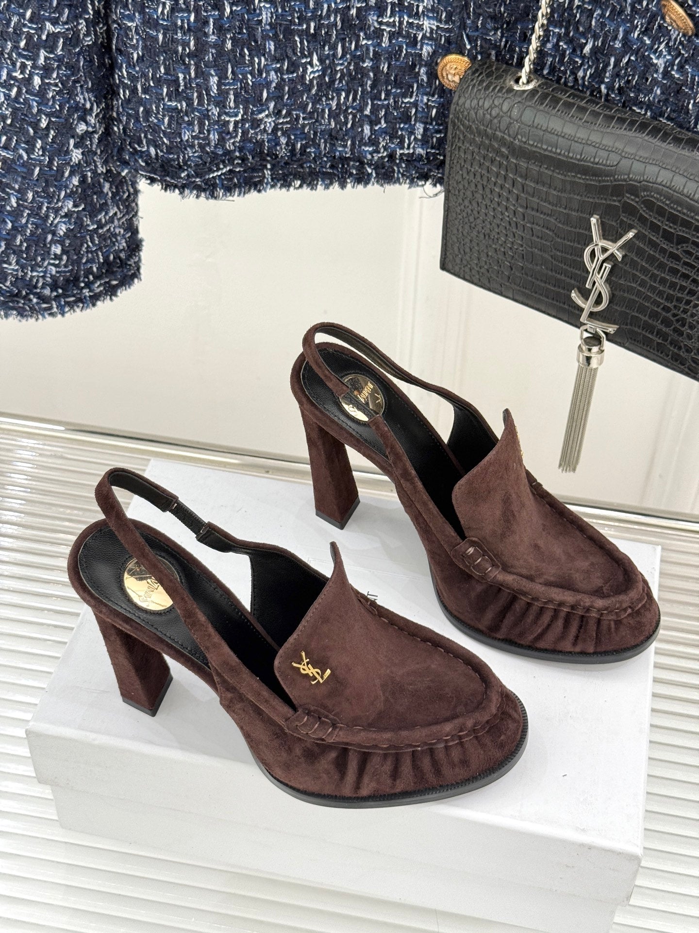 YSL 26WF Le Slingback 10.5cm Dark Brown Suede 642953