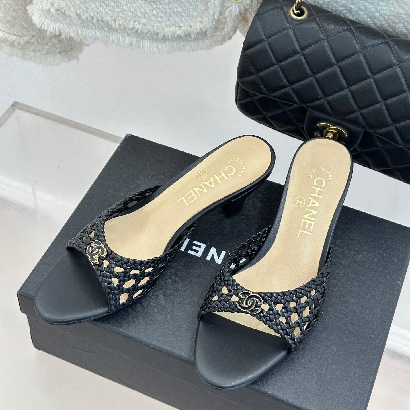 CC 26s Peep-Toe High-Heeled Mules Black Woven Leather 766532