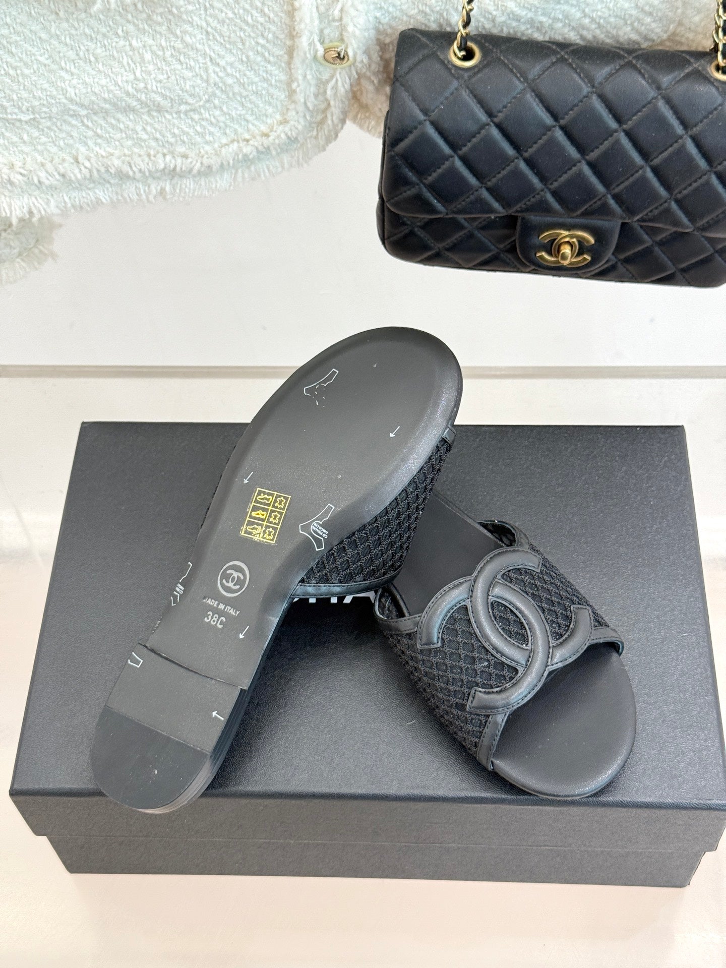 CC Openwork Slippers Black Mesh Lambskin 825757