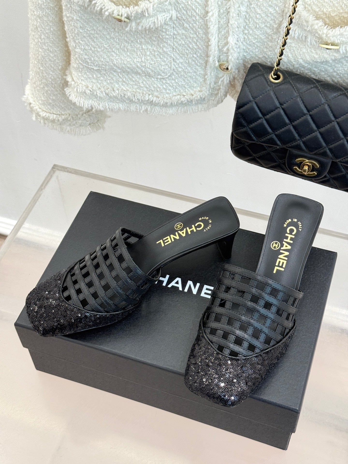 CC Woven Square-Toe Slippers Black Leather 825776
