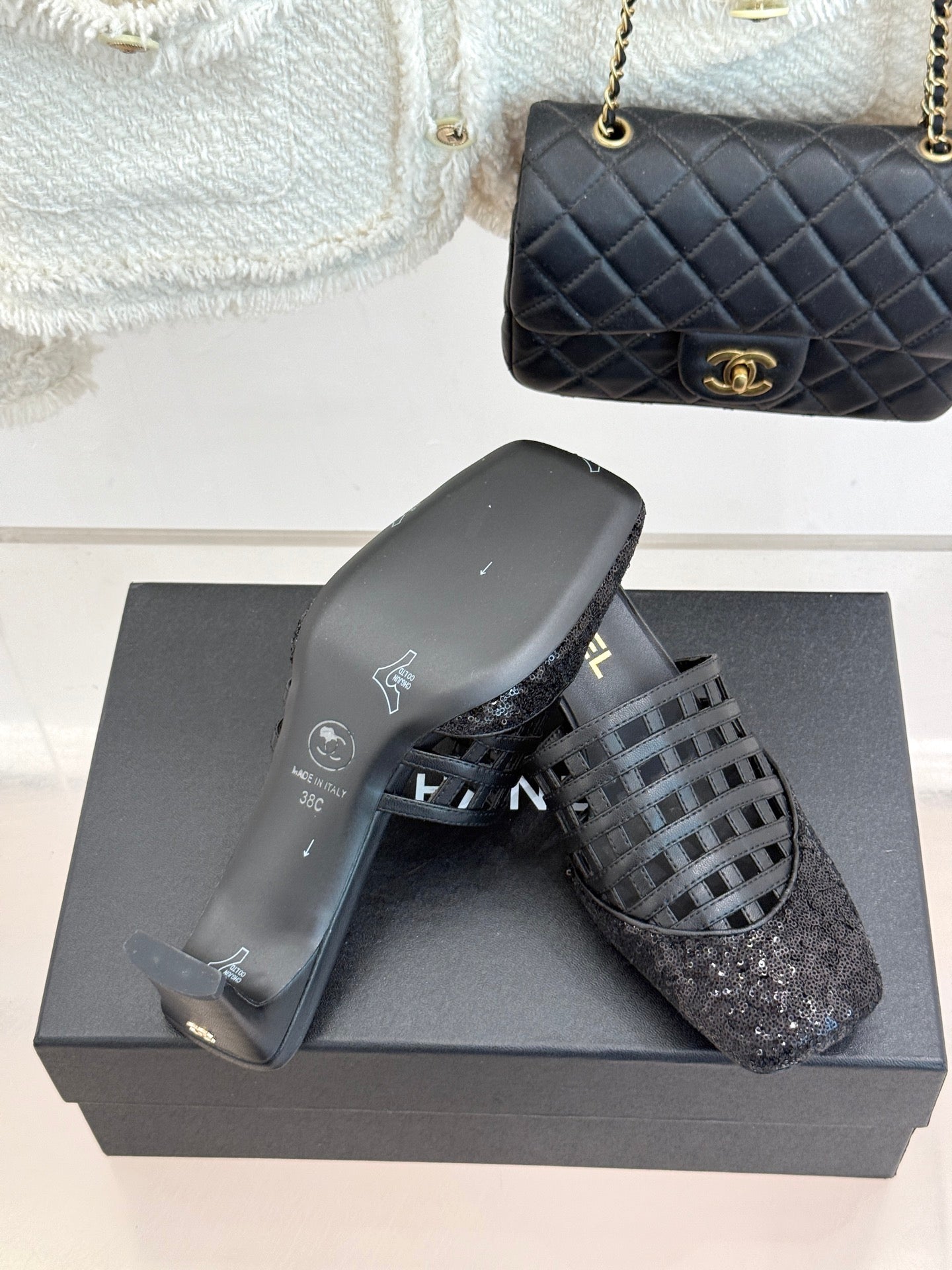 CC Woven Square-Toe Slippers Black Leather 825776