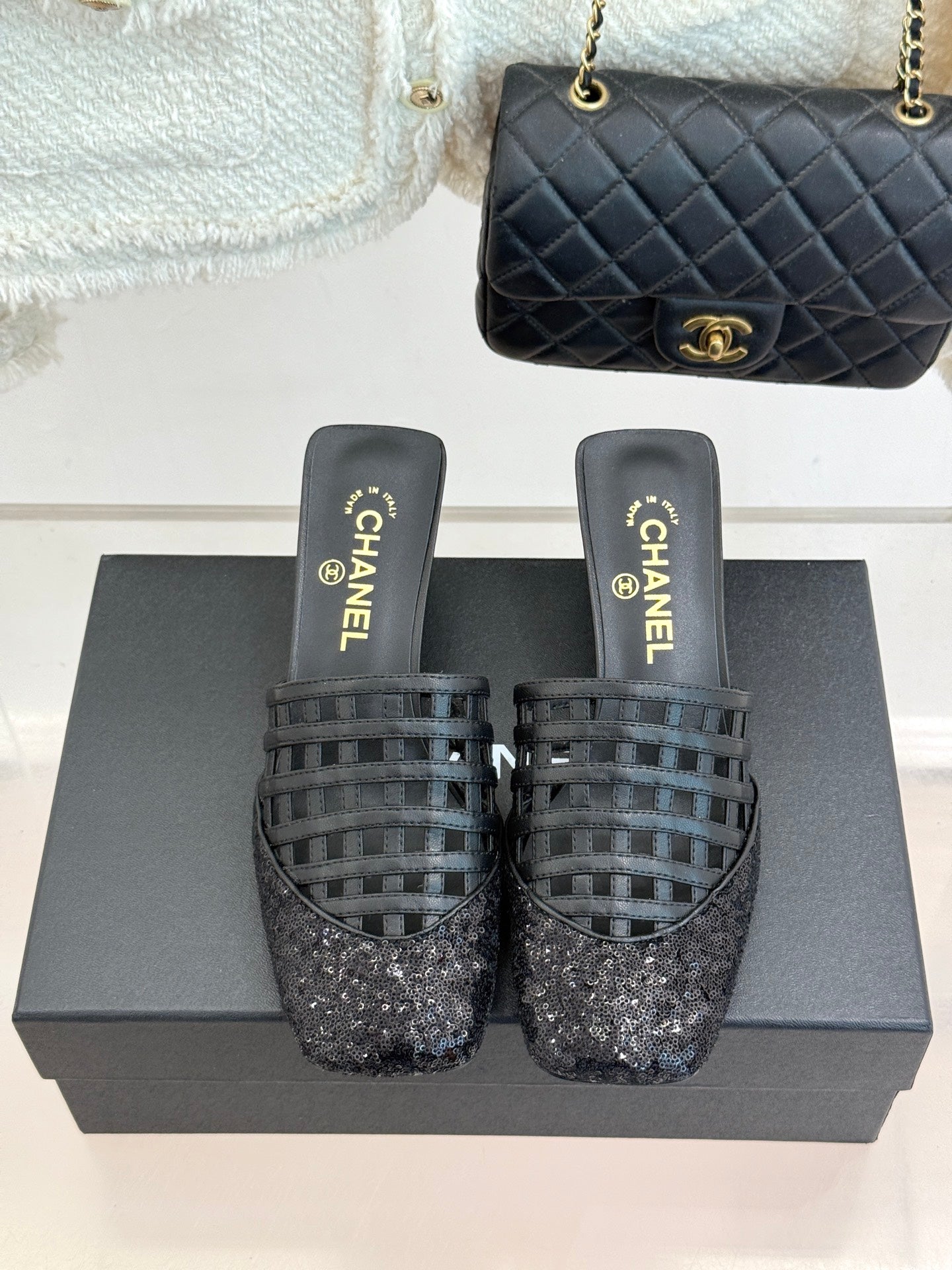 CC Woven Square-Toe Slippers Black Leather 825776