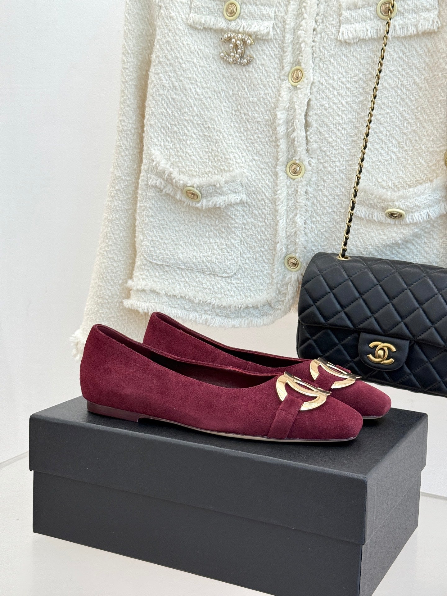 CC 26s Buckle Square Toe Ballet Flat Burgundy Suede 829733